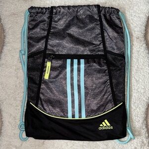 NWOT UO Adidas Black and Gray Drawstring Backpack with Blue and Green Accents